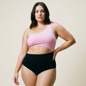 One-Shoulder Pink and Black Women Swim One Piece